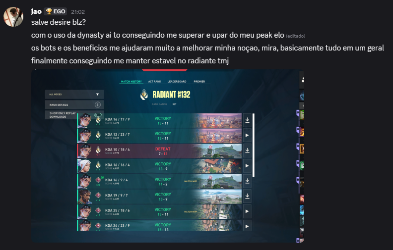 Jogador relatando evolução até o Radiante com a Dynasty AI